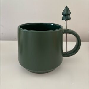 Green Ceramic Mug with Tree Stirrer
